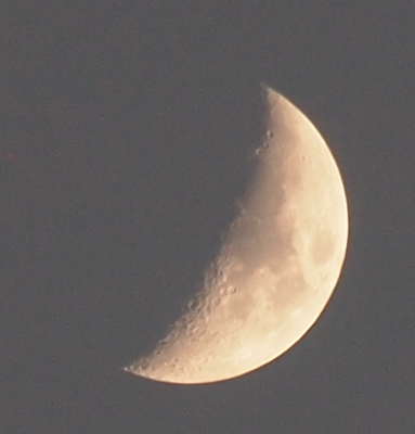 [Craters on the moon are clearly visible in this image which is about a one-third slice of the moon with the crescent going from about 1 o'clock to 7 o'clock.]